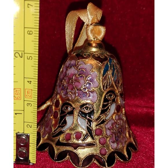 Cloisonné Enamel Bell Ornament 2.5” Vintage Birds & Flowers - Picture 3 of 4